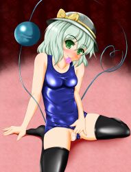 Rule 34 | 1girl, bad id, bad pixiv id, censored, clothing aside, condom, condom in mouth, highres, komeiji koishi, mouth hold, one-piece swimsuit, school swimsuit, solo, swimsuit, swimsuit aside, tera hiroshi, thighhighs, touhou