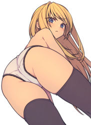 Rule 34 | 1girl, ass, bent over, black thighhighs, blonde hair, blue eyes, dutch angle, everyntrge, female focus, from behind, frown, highres, long hair, looking at viewer, looking back, original, panties, panties only, partially visible vulva, sidelocks, simple background, solo, thighhighs, topless, underwear, underwear only, white background, white panties