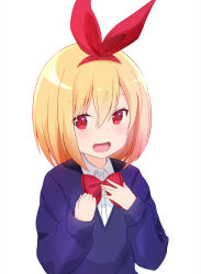 Rule 34 | 1girl, :d, blonde hair, blue sweater, blush, bow, brown hair, collared shirt, commentary request, derivative work, dress shirt, gradient hair, hair between eyes, hair ribbon, hands up, kokura hikari, long sleeves, multicolored hair, open mouth, red bow, red eyes, red ribbon, ribbon, rifle is beautiful, shirt, simple background, sleeves past wrists, smile, solo, sweater, upper body, white background, white shirt, yutsuki warabi