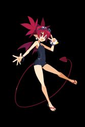 Rule 34 | 1girl, bracelet, demon girl, demon tail, demon wings, disgaea, disgaea rpg, earrings, etna (disgaea), fang, full body, goggles, goggles on head, jewelry, official art, open hand, open mouth, pointy ears, red eyes, red hair, sandals, school swimsuit, solo, swimsuit, tail, transparent background, twintails, w, wings