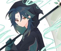 Rule 34 | 1boy, black cloak, black hair, cloak, closed mouth, facial mark, forehead mark, genshin impact, gloves, green gloves, green hair, halloween costume, holding, holding scissors, holding weapon, hood, hood up, hooded cloak, male focus, multicolored hair, official alternate costume, orange eyes, scissors, scythe, signature, simple background, solo, tamamura (tmmr5), upper body, weapon, white background, xiao (genshin impact), xiao (halloween) (genshin impact)