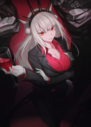 Rule 34 | 1girl, 2boys, ambiguous red liquid, black hairband, bodyguard, breasts, cleavage, collarbone, crossed arms, cup, drinking glass, eyes visible through hair, formal, garmagi115, gloves, grey hair, hairband, helltaker, highres, holding, holding cup, horns, large breasts, long hair, looking at viewer, lucifer (helltaker), mole, mole under eye, multiple boys, muscular, parted lips, red background, red eyes, scratches, smile, solo focus, spikes, suit, white gloves, wine glass