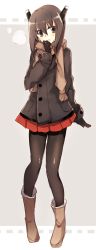 Rule 34 | 10s, 1girl, :o, bad id, bad twitter id, black gloves, boots, breath, brown eyes, brown hair, brown scarf, buttons, full body, fur boots, fur trim, gloves, hair between eyes, headgear, highres, jacket, kantai collection, kinona, knee boots, long sleeves, looking at viewer, open mouth, pantyhose, pleated skirt, red skirt, scarf, short hair, skirt, solo, steam, taihou (kancolle), thighhighs