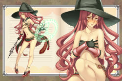 Rule 34 | anklet, bare shoulders, blush, cape, fantasy, flat chest, hat, highres, jewelry, legs, magic circle, original, pink hair, staff, tears, terumii, witch, witch hat, yellow eyes