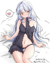Rule 34 | 1girl, arm support, babydoll, black babydoll, blunt bangs, blush, collarbone, come hither, dated, giraffe (ilconte), groin, hair ribbon, head tilt, heart, highres, kantai collection, lingerie, long hair, looking at viewer, mouth hold, murakumo (kancolle), murakumo kai ni (kancolle), navel, off shoulder, panties, purple panties, ribbon, see-through, short eyebrows, sidelocks, silver hair, sitting, solo, stomach, thighs, tress ribbon, twitter username, underwear