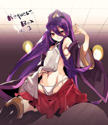 Rule 34 | 1girl, apron, bare shoulders, blazblue, blazblue: central fiction, detached sleeves, doll joints, hades izanami, hyakuhachi (over3), joints, mikado (blazblue), navel, panties, ponytail, purple hair, red eyes, skirt, solo, thighhighs, underwear