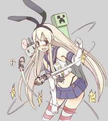 Rule 34 | 10s, 2girls, anchor, black eyes, blonde hair, blush, creeper, crossover, elbow gloves, flying, giant, giantess, gloves, grey background, hairband, kantai collection, long hair, midriff, minecraft, mini person, minigirl, miniskirt, multiple girls, navel, open mouth, rensouhou-chan, seo tatsuya, shameimaru aya, shimakaze (kancolle), simple background, skirt, striped clothes, striped legwear, striped thighhighs, thighhighs, touhou, translated