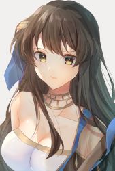 Rule 34 | 1girl, bare shoulders, black hair, breasts, brown eyes, choker, cleavage, collarbone, edamameoka, expressionless, fire emblem, fire emblem: the blazing blade, fire emblem heroes, hair ornament, highres, karla (fire emblem), long hair, looking at viewer, medium breasts, nintendo, official alternate costume, portrait, silver background, simple background, solo, upper body