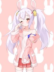 Rule 34 | 1girl, animal ears, animal print, azur lane, collarbone, commentary request, fake animal ears, finger to face, hair between eyes, hairband, highres, jacket, laffey (azur lane), long hair, long sleeves, looking at viewer, marimo daifuku, one eye closed, pink background, pink jacket, pleated skirt, pocket, rabbit ears, rabbit print, red eyes, red skirt, sidelocks, simple background, skirt, sleepy, solo, thighhighs, twintails, white hair, white thighhighs, zettai ryouiki