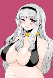 1girl bare_shoulders bikini black_bikini breasts choker curvy female_focus hairband highres idolmaster idolmaster_(classic) large_breasts long_hair looking_at_viewer namco navel pink_eyes plump red_background shijou_takane shinobe silver_hair simple_background smile solo swimsuit upper_body very_long_hair