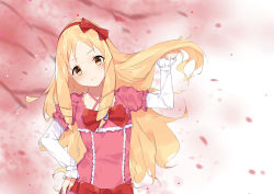 Rule 34 | 1girl, blonde hair, bow, bowtie, brown eyes, collarbone, drill hair, eromanga sensei, floating hair, hair ribbon, hairband, hand in own hair, hand on own hip, head tilt, long hair, looking at viewer, petals, pink shirt, red bow, red bowtie, red hairband, red ribbon, ribbon, shirt, short sleeves, solo, standing, twin drills, upper body, very long hair, wujia xiaozi, yamada elf