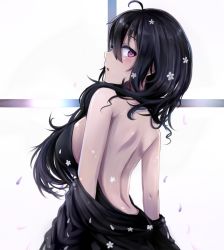 Rule 34 | 1girl, :o, ahoge, backless dress, backless outfit, bad id, bad pixiv id, bare back, bare shoulders, beifeng han, black dress, blush, breasts, cowboy shot, dress, female focus, flower, from behind, hair flower, hair ornament, large breasts, long hair, looking at viewer, looking back, miyaura sanshio, off shoulder, open mouth, original, petals, pink eyes, revision, sideboob, simple background, solo, strapless, strapless dress, white background