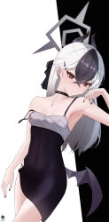 1girl absurdres artist_name black_choker black_dress black_hair black_horns black_nails blue_archive blush breasts choker collarbone demon_horns demon_wings diamond_necklace dress ear_piercing grey_halo hair_between_eyes halo highres horns kayoko_(blue_archive) kayoko_(dress)_(blue_archive) long_hair looking_at_viewer mole mole_on_collarbone multicolored_hair official_alternate_costume piercing purple_wings red_eyes single_wing solo studded_choker watermark white_hair wings yoruhh