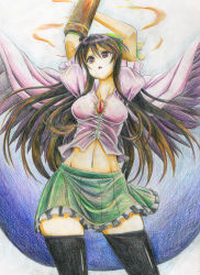 Rule 34 | 1girl, arms up, bad id, bad pixiv id, black thighhighs, black wings, breasts, brown hair, cape, colored pencil (medium), female focus, fire, hip focus, kitazinger, long hair, midriff, miniskirt, navel, red eyes, reiuji utsuho, skindentation, skirt, solo, thighhighs, touhou, traditional media, wide hips, wings, zettai ryouiki
