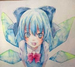 Rule 34 | 1girl, :p, blue eyes, blue hair, bow, cirno, hair bow, highres, ice, ice wings, matching hair/eyes, painting (medium), solo, tongue, tongue out, touhou, traditional media, watercolor (medium), wings, yuyu (00365676)