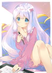 Rule 34 | 1girl, absurdres, blue eyes, bow, closed mouth, collarbone, eromanga sensei, flat chest, frown, gradient hair, hair bow, hand on own chest, highres, izumi sagiri, light purple hair, long hair, long sleeves, looking at viewer, mitsumi misato, multicolored hair, off shoulder, pajamas, pink hair, scan, sidelocks, sitting, solo, stylus, tablet pc, two-tone hair, very long hair