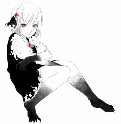 Rule 34 | 1girl, barefoot, black dress, black skin, bright pupils, colored skin, dress, expressionless, fingernails, greyscale, hair ornament, hairpin, igyouhime, looking at viewer, monochrome, puffy short sleeves, puffy sleeves, red eyes, rumia, sharp fingernails, sharp toenails, short hair, short sleeves, solo, spot color, toenails, torn clothes, touhou, white pupils