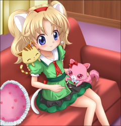 Rule 34 | 1girl, animal ears, blonde hair, blue eyes, bow, cat ears, cat tail, commentary request, couch, creature, dress, earrings, fake animal ears, fake tail, garnet (jewelpet), green dress, hairband, heart, heart-shaped pillow, jewelpet (series), jewelpet twinkle, jewelry, miria marigold mackenzie, pillow, red bow, red hairband, sango (jewelpet), tail, takurou (bpm191), twintails