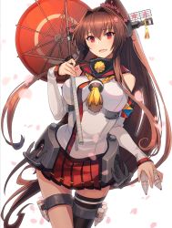 Rule 34 | 1girl, asymmetrical legwear, blush, breasts, brown hair, collar, detached sleeves, flower, hair flower, hair intakes, hair ornament, headgear, highres, holding, holding shell, kantai collection, kasumi (skchkko), large breasts, long hair, looking at viewer, metal collar, oil-paper umbrella, open mouth, pleated skirt, ponytail, red eyes, red skirt, sailor collar, shell, sidelocks, simple background, skirt, solo, thigh strap, umbrella, very long hair, white background, yamato (kancolle)