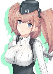 Rule 34 | 1girl, absurdres, anchor hair ornament, atlanta (kancolle), black hat, black skirt, blush, breasts, brown hair, dress shirt, earrings, garrison cap, gloves, grey eyes, hair ornament, hat, high-waist skirt, highres, jewelry, kantai collection, large breasts, long hair, long sleeves, looking at viewer, nipa (graf xsr900), partially fingerless gloves, shadow, shirt, single earring, skirt, solo, star (symbol), star earrings, suspenders, two side up, upper body, white background, white shirt