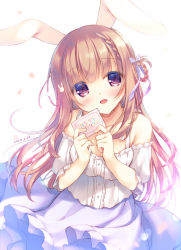 Rule 34 | 1girl, :d, animal ears, bare shoulders, blue bow, blue skirt, blush, bow, braid, breasts, brown hair, card, cleavage, commentary request, dated, frilled skirt, frills, hair bow, hands up, happy birthday, head tilt, holding, holding card, long hair, looking at viewer, medium breasts, off-shoulder shirt, off shoulder, open mouth, original, puffy short sleeves, puffy sleeves, rabbit ears, red eyes, shirt, short sleeves, simple background, skirt, smile, solo, very long hair, white background, white shirt, yukie (peach candy)