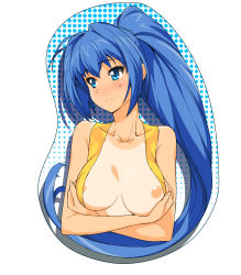 Rule 34 | 00s, 1girl, a1 (initial-g), absurdres, bare shoulders, blue eyes, blue hair, breast mousepad, breasts, hayase mitsuki, highres, kimi ga nozomu eien, long hair, matching hair/eyes, mousepad, mousepad (medium), nipple slip, nipples, non-web source, one-piece tan, ponytail, solo, sweatdrop, tan, tanline