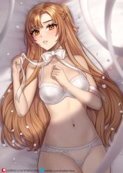 Rule 34 | 1girl, artist name, asuna (sao), asymmetrical bangs, bare arms, bare shoulders, bed sheet, bow, bowtie, bra, braid, breasts, brown hair, collarbone, cowboy shot, eyelashes, hand on own chest, helloimtea, highres, looking at viewer, lying, medium breasts, on back, on bed, one side up, orange eyes, panties, parted lips, smile, solo, sword art online, twitter username, underwear, underwear only, white bow, white bowtie, white bra, white panties