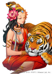 Rule 34 | 1girl, anklet, barefoot, black hair, bracelet, breasts, choker, cleavage, closed eyes, flower, hair flower, hair ornament, haje, hand on own head, highres, jewelry, long hair, necklace, parvati, shiny skin, sid story, simple background, skirt, smile, solo, tiger, white background