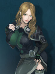 Rule 34 | 1girl, belt, belt buckle, belt skirt, blonde hair, bodysuit, border break, breasts, brown hair, buckle, closed mouth, colored eyelashes, contrapposto, cowboy shot, damegane, dress, eyelashes, from side, gloves, green eyes, grey thighhighs, hand on own hip, hand on own thigh, hand up, head tilt, highres, hilda (border break), hilda eichmann (border break), impossible clothes, lace, lace-trimmed legwear, lace trim, large breasts, leaning, legs apart, light smile, lips, lipstick, long hair, long sleeves, looking at viewer, makeup, mole, mole under eye, red lips, sega, short hair, shoulder pads, side slit, skin tight, skindentation, sleeves past wrists, smile, smirk, solo, standing, thighhighs, thighs, wavy hair, zettai ryouiki