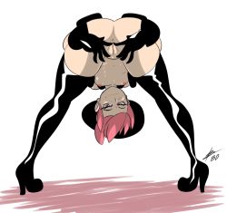 Rule 34 | 10s, 1girl, anus, ass, back, bent over, bigdead, black gloves, black thighhighs, blush, boots, breasts, cleft of venus, elbow gloves, female focus, flat chest, from behind, full body, gloves, hat, high heel boots, high heels, highres, jakuzure nonon, kill la kill, looking at viewer, looking back, looking through own legs, naughty face, nipples, nude, nudist beach uniform, pink eyes, pink hair, presenting, pussy, shiny skin, short hair, signature, simple background, small breasts, smile, solo, thigh boots, thighhighs, uncensored, white background