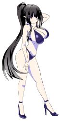 1girl absurdres atre bikini black_bikini black_hair blush breasts cleavage closed_mouth highres jashin-chan_dropkick large_breasts long_hair looking_at_viewer moyuru_pen navel pointy_ears ponytail red_eyes solo swimsuit