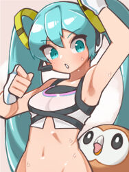 Rule 34 | 1girl, aqua eyes, aqua hair, arm up, armpits, bird, breasts, creatures (company), crop top, crossover, fingerless gloves, fitness boxing feat. hatsune miku: isshoni exercise, fitness boxing, game freak, gen 7 pokemon, gloves, groin, hatsune miku, headset, highres, midriff, navel, nintendo, owl, pokemon, pokemon (creature), rowlet, small breasts, suiran (suiran2822), sweat, twintails, upper body, vocaloid