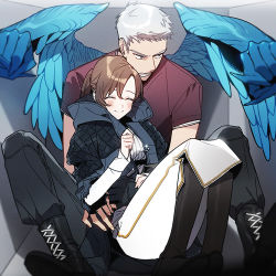 Rule 34 | 1boy, 1girl, annoyed, blush, boots, borrowed clothes, brown hair, cross-laced footwear, devil may cry (series), devil may cry 5, feathered wings, glowing, glowing wings, honey dogs, jacket, kyrie (devil may cry), nero (devil may cry), short hair, silver hair, sitting, sitting on lap, sitting on person, smile, wings
