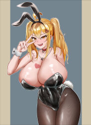 Rule 34 | 1girl, ahoge, animal ears, arm behind back, black leotard, black pantyhose, blonde hair, borrowed character, breasts, cleavage, collar, commentary request, covered navel, fake animal ears, fake tail, fingernails, hair between eyes, hair ornament, haks, heart, heart hair ornament, heart necklace, highleg, highleg leotard, highres, huge breasts, ieroshimarisu, jewelry, leotard, looking at viewer, multicolored background, necklace, open mouth, pantyhose, playboy bunny, rabbit ears, rabbit tail, red collar, saaya (kirome), shiny skin, sidelocks, simple background, smile, solo, standing, tail, twintails, v, virtual youtuber, white wrist cuffs, wrist cuffs, yellow eyes
