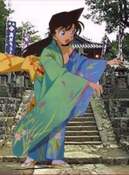 Rule 34 | 1girl, black hair, blue eyes, female focus, japanese clothes, kimono, meitantei conan, mouri ran, nipple slip, nipples, outdoors, sandals, shrine, solo, stairs