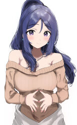 Rule 34 | 1girl, absurdres, bare shoulders, blue hair, blush, breasts, brown sweater, collarbone, commentary request, earrings, hair between eyes, highres, jewelry, large breasts, long hair, long sleeves, looking at viewer, love live!, love live! sunshine!!, matsuura kanan, nail polish, necklace, off-shoulder sweater, off shoulder, open mouth, own hands together, ponytail, purple eyes, ribbed sweater, simple background, smile, solo, sunya (honorin-yuunibo), sweater, upper body, white background