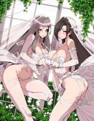 Rule 34 | 2girls, absurdres, alternate costume, ass, bad id, bad pixiv id, breasts, bridal veil, cleavage, collarbone, counter:side, deliciousmeatart, dress, eyepatch, flower, green eyes, heart, heart hands, heart hands duo, highres, jaina kropel, large breasts, lee sooyeon, long hair, multiple girls, plant, red eyes, replacer queen, see-through, thighhighs, veil, wedding dress