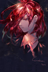 Rule 34 | 1other, androgynous, black background, black necktie, character name, cinnabar (houseki no kuni), collared shirt, colored eyelashes, commentary, crystal hair, dalahast, floating hair, gem uniform (houseki no kuni), hair between eyes, houseki no kuni, light particles, looking away, medium hair, necktie, other focus, parted lips, red eyes, shirt, simple background, solo, sparkle, upper body