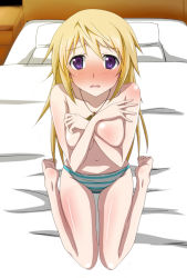 Rule 34 | 10s, 1girl, bare legs, barefoot, bed, blonde hair, blush, breasts, charlotte dunois, covering privates, covering breasts, feet, female focus, from above, full body, indoors, infinite stratos, jewelry, large breasts, long hair, looking up, necklace, noa p, panties, purple eyes, sitting, solo, topless, underwear, very long hair