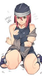 Rule 34 | 1girl, bandaged leg, bandages, bare shoulders, black hat, blush, brown eyes, closed mouth, collarbone, covering breasts, covering privates, flying sweatdrops, hair between eyes, hat, highres, kuma (jk0073), long hair, naruto, naruto (series), pebble, red hair, rock, shiny skin, simple background, solo, sweat, sweatdrop, tayuya (naruto), thighs, tight clothes, torn clothes, torn legwear, white background, yin yang