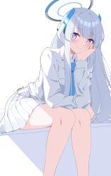 Rule 34 | 1girl, absurdres, arm support, bent over, blue archive, blue necktie, blunt bangs, collared shirt, halo, headgear, highres, knees together feet apart, long hair, long sleeves, looking at viewer, necktie, noa (blue archive), pleated skirt, purple eyes, reia 76, school uniform, shirt, sidelocks, simple background, sitting, skirt, smile, solo, white background, white hair, white shirt, white skirt