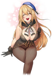 Rule 34 | 10s, 1girl, :d, ^ ^, absurdres, atago (kancolle), babydoll, black gloves, blonde hair, breasts, brown pantyhose, cleavage, closed eyes, crossed legs, detached collar, closed eyes, fur trim, gloves, hair between eyes, hat, highres, kantai collection, large breasts, long hair, naidong (artist), open mouth, panties, panties under pantyhose, pantyhose, smile, solo, string panties, underwear, underwear only, very long hair