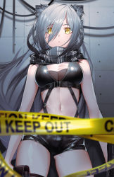 Rule 34 | 1girl, absurdres, animal ear fluff, animal ears, arknights, bare arms, bare shoulders, black scarf, black shorts, breasts, cat ears, caution tape, commentary, cowboy shot, crop top, gluteal fold, hair over one eye, highres, indoors, keep out, long hair, looking at viewer, medium breasts, midriff, navel, pouch, scarf, schwarz (arknights), short shorts, shorts, silver hair, sleeveless, solo, standing, stomach, the cold, thighs, yellow eyes