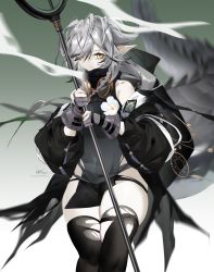 Rule 34 | 1girl, arknights, black jacket, black panties, black shirt, black thighhighs, braid, breasts, cleavage, commentary request, covered navel, crocodilian tail, feet out of frame, female focus, gloves, goggles, goggles around neck, gradient background, green background, grey gloves, highres, holding, holding staff, jacket, large tail, long hair, looking at viewer, off shoulder, open clothes, open jacket, panties, partially fingerless gloves, pointy ears, shirt, side braid, signature, silver hair, skindentation, sleeveless, sleeveless shirt, snake tail, solo, staff, tail, thighhighs, thighs, tomimi (arknights), torn clothes, torn thighhighs, underwear, wanren (whter11), white background, yellow eyes