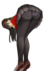 Rule 34 | 1girl, absurdres, amagi yukiko, artist request, ass, bare shoulders, bent over, black hair, blush, brown eyes, come hither, from behind, highres, long hair, looking at viewer, panties, panties under pantyhose, pantyhose, persona, persona 4, school uniform, shoes, simple background, skirt, smile, solo, underwear, upskirt, white background
