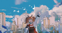 Rule 34 | 1girl, :d, ^ ^, absurdres, angelina (arknights), animal ears, arknights, black collar, black gloves, black shirt, blouse, blue sky, brown hair, building, city, closed eyes, cloud, collar, closed eyes, facing viewer, fox ears, gloves, haku (muc12b), highres, infection monitor (arknights), jacket, long hair, long sleeves, open clothes, open jacket, open mouth, shirt, sky, skyscraper, smile, solo, twintails, two-tone gloves, upper body, white gloves, white jacket