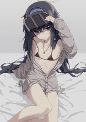 Rule 34 | 1girl, arm support, bare legs, bare shoulders, bikini, black bikini, black hair, blue archive, blue eyes, book, cardigan, collarbone, crossed bangs, flat chest, hair between eyes, head tilt, highres, holding, holding book, jewelry, jitome, long hair, looking at viewer, low twintails, micro bikini, necklace, off shoulder, open cardigan, open clothes, sitting, solo, swimsuit, twintails, ui (blue archive), usamiusamimii, very long hair