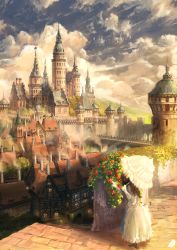 Rule 34 | 1girl, black footwear, bridge, brown hair, bush, castle, chimney, city, cityscape, cloud, cloudy sky, dress, fantasy, flower, from side, gloves, gown, highres, logo, long hair, original, outdoors, parasol, plant, rooftop, scenery, shoes, sky, smoke, solo, spire, standing, sunlight, tower, umbrella, wall, wavy hair, white dress, white gloves, you (shimizu)