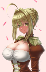 Rule 34 | 10s, 1girl, ahoge, arisku, blush, breasts, cleavage, cleavage cutout, closed mouth, clothing cutout, dress, fate/extra, fate/grand order, fate (series), gradient background, green eyes, hair between eyes, hair intakes, highres, large breasts, nero claudius (fate), nero claudius (fate) (all), nero claudius (fate/extra), pink background, red background, red dress, sidelocks, smile, solo, upper body