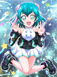 Rule 34 | 1girl, :d, black footwear, black jacket, blue eyes, blue hair, boots, breasts, double v, full body, hagoromo lala, hanzou, highres, jacket, long sleeves, looking at viewer, miniskirt, multicolored hair, open clothes, open jacket, open mouth, pleated skirt, precure, red hair, shirt, skirt, sky, sleeveless, sleeveless shirt, small breasts, smile, solo, sparkle, star-shaped pupils, star (sky), star (symbol), star twinkle precure, starry sky, streaked hair, symbol-shaped pupils, v, white shirt, white skirt